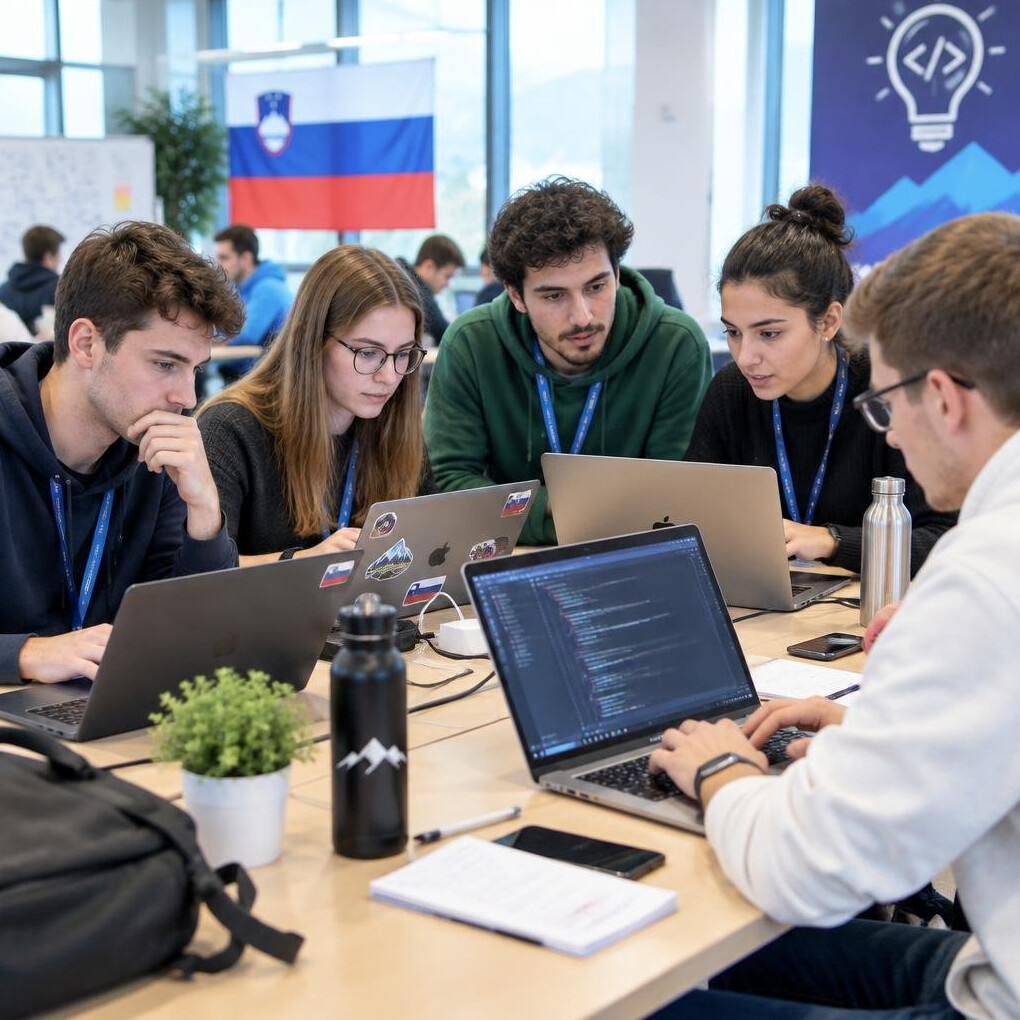 Students working together at a hackathon table