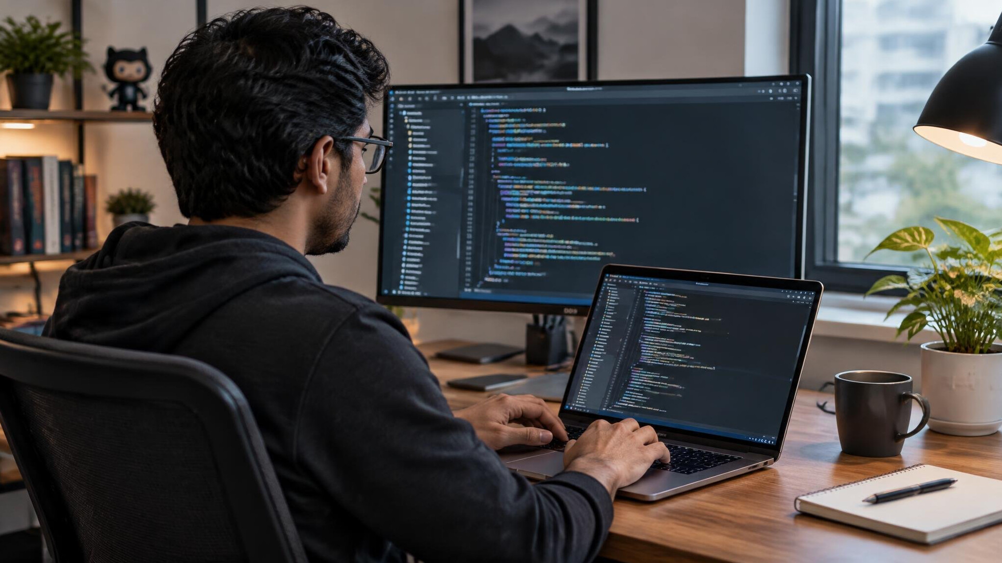 person coding at desk
