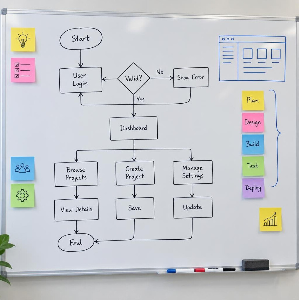 Whiteboard with a flowchart and sticky notes