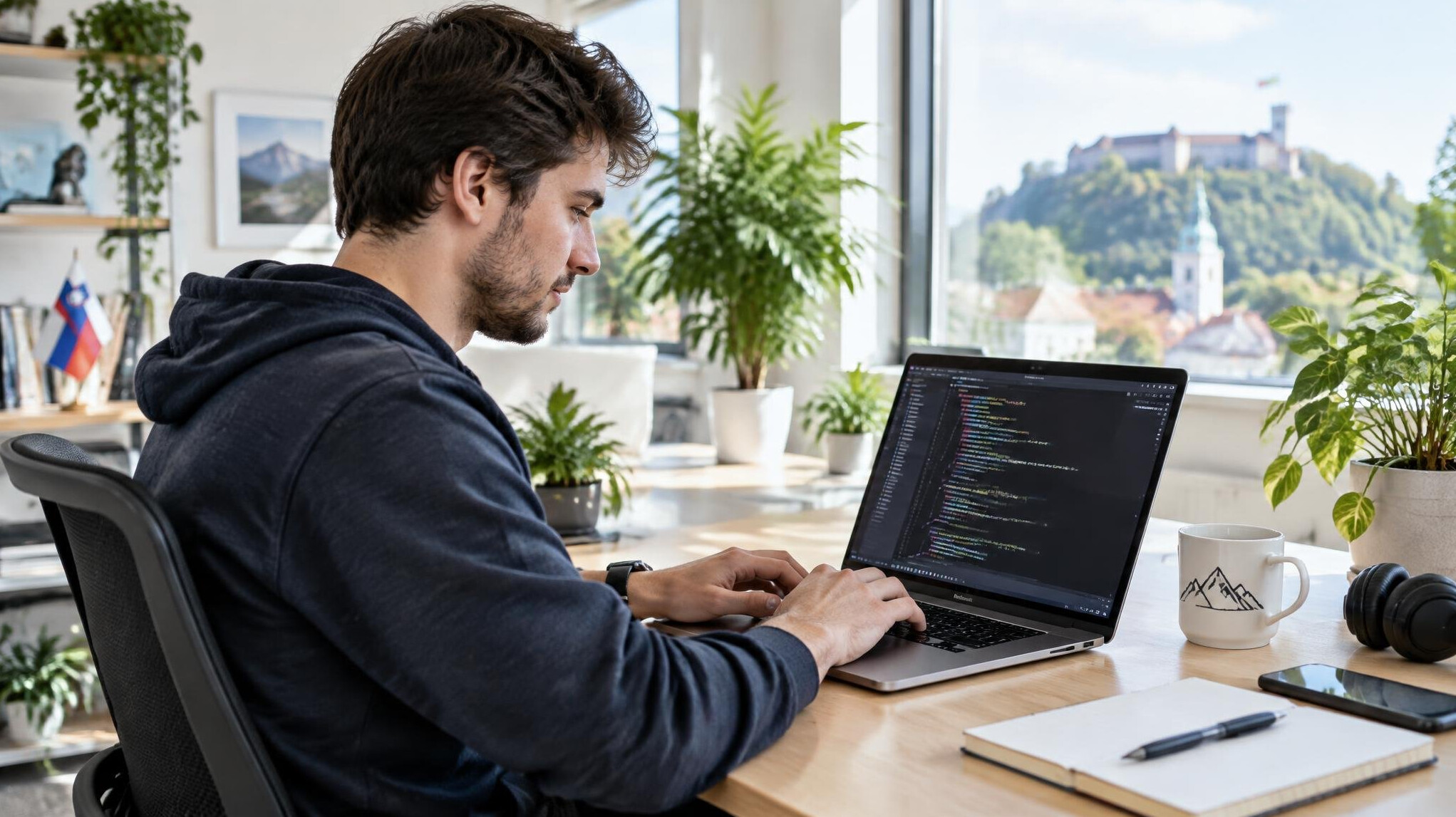Young developer writing code on a laptop at a modern desk