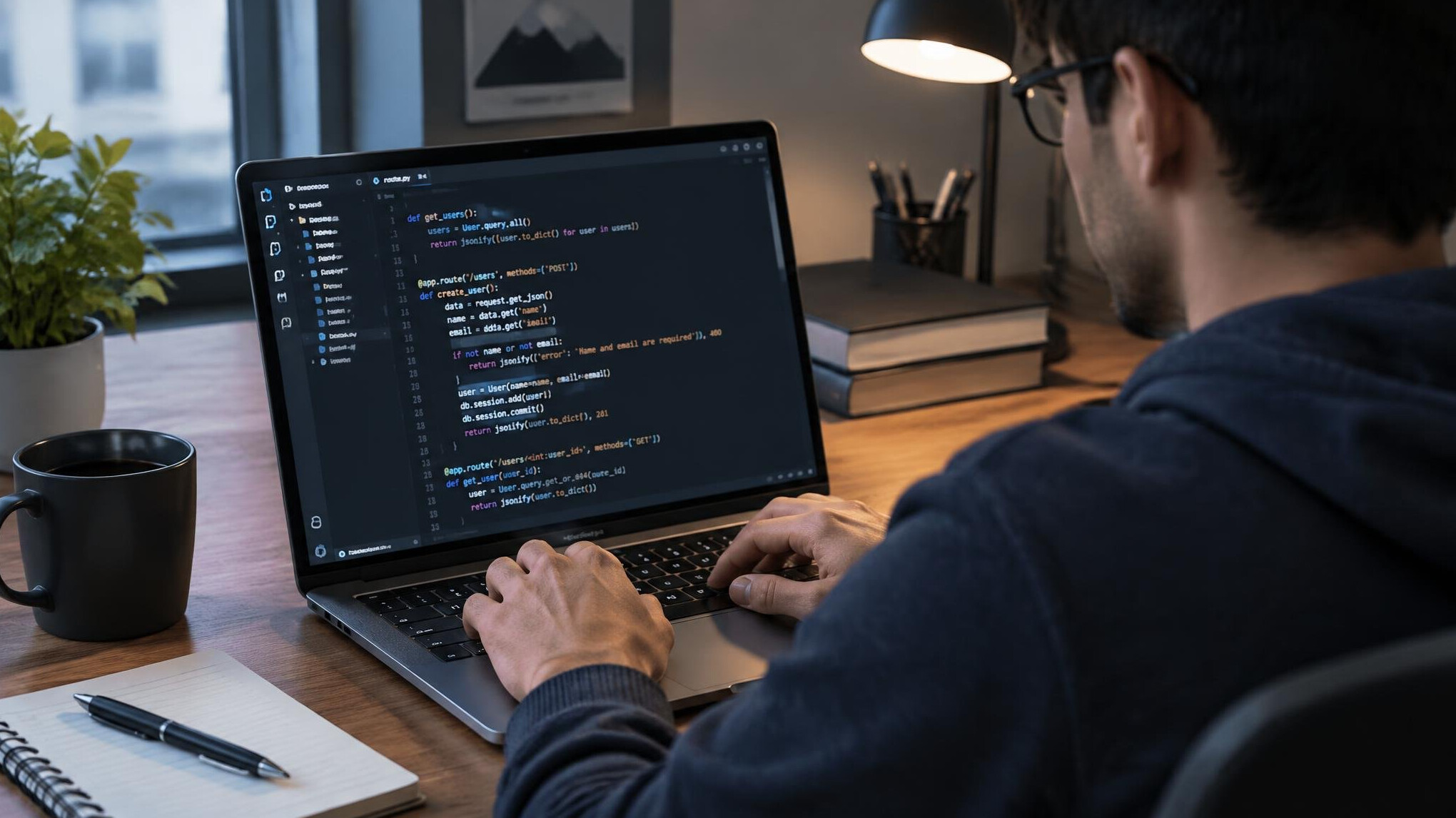 person coding on laptop