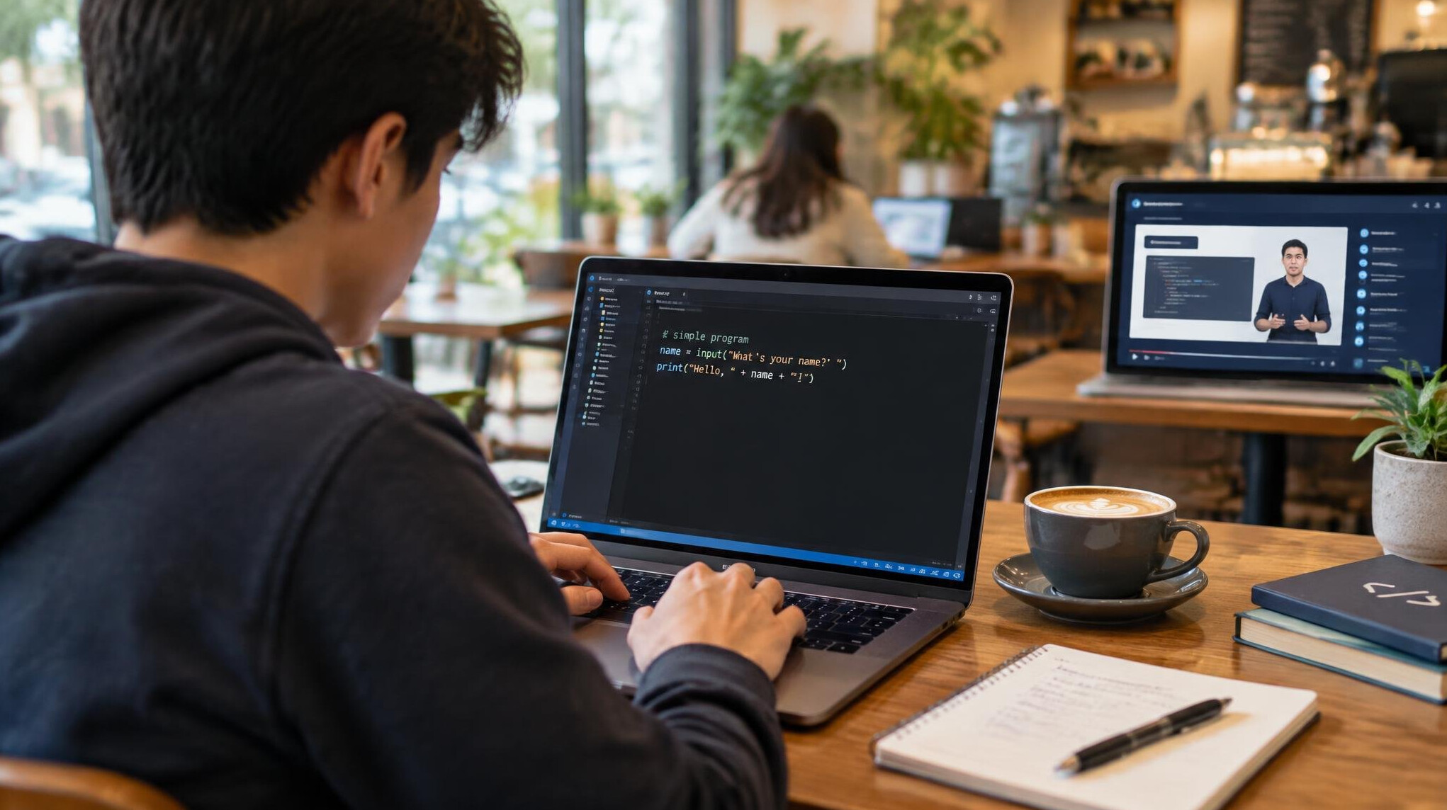 person coding on laptop in cafe