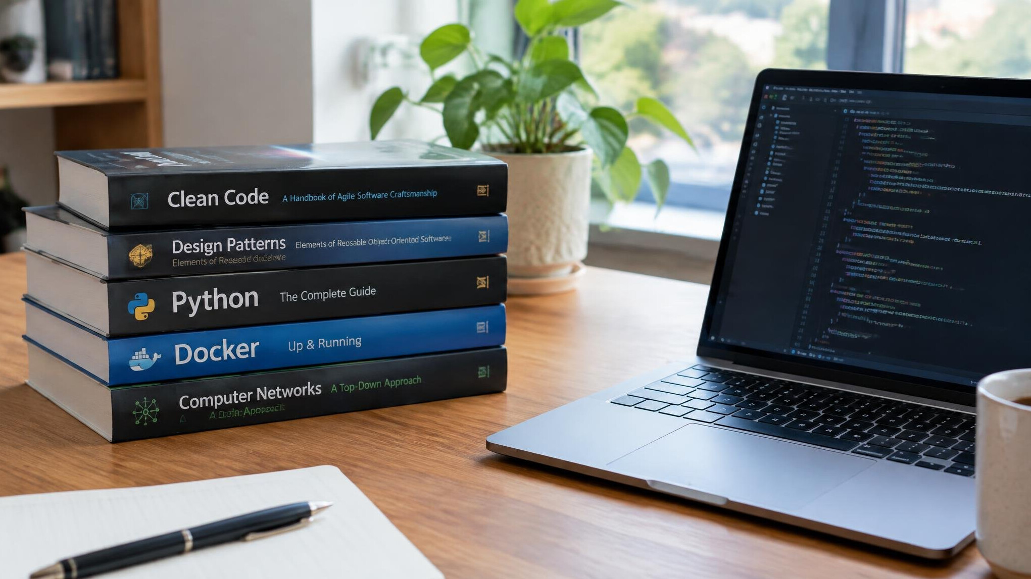 Stack of programming books next to an open laptop