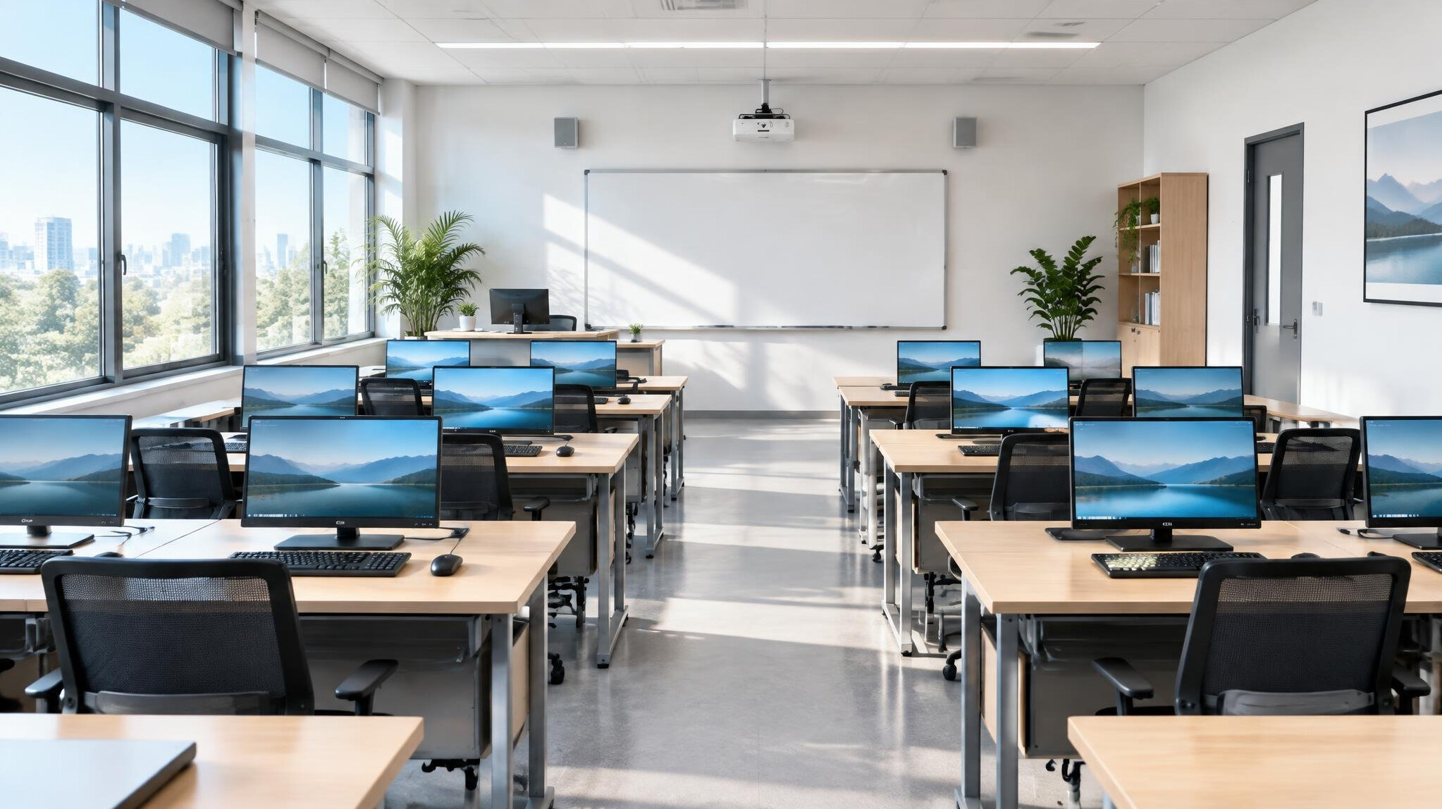 Modern classroom with rows of desks and monitors