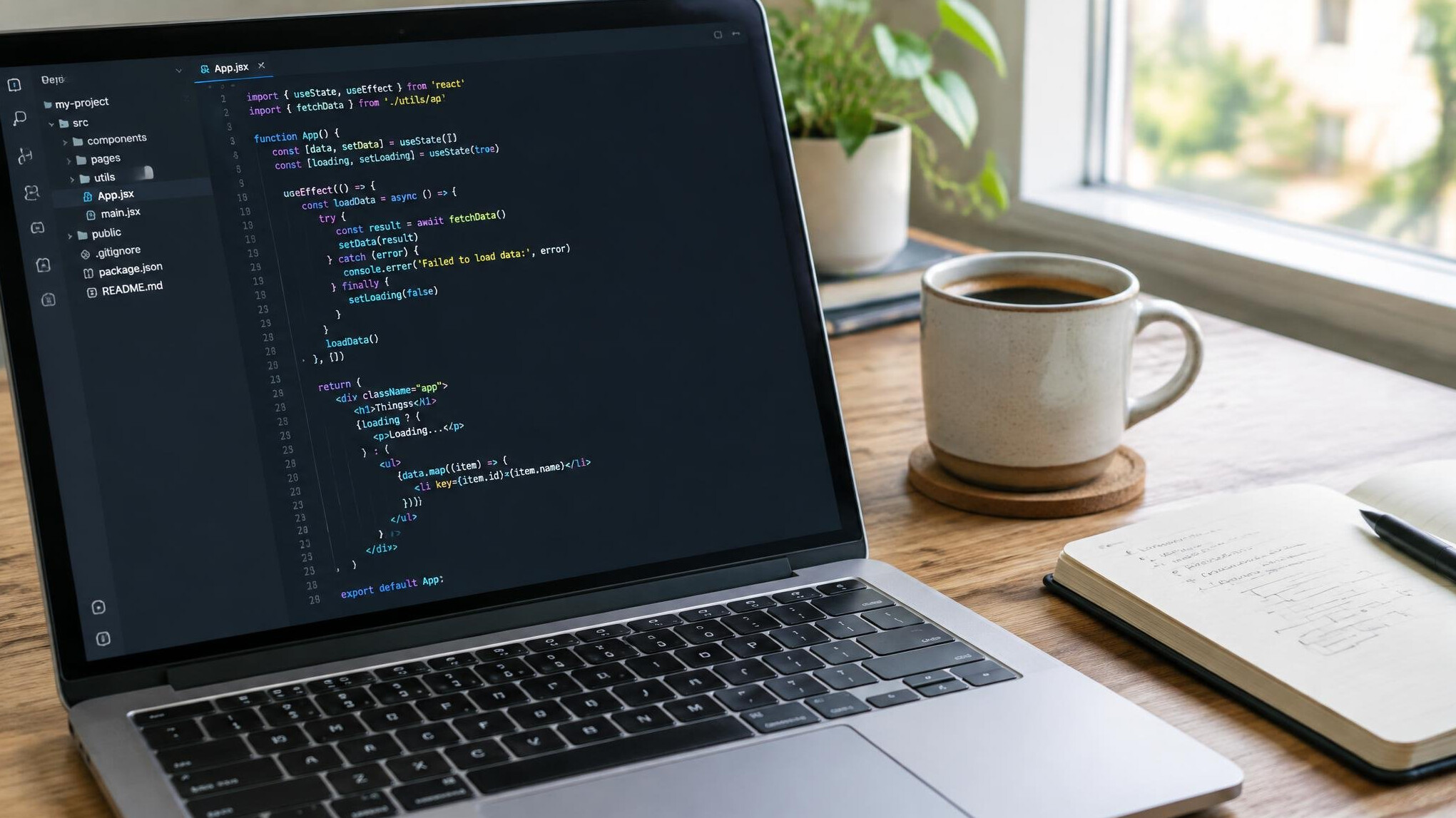 Laptop with code editor open on a desk next to a coffee cup